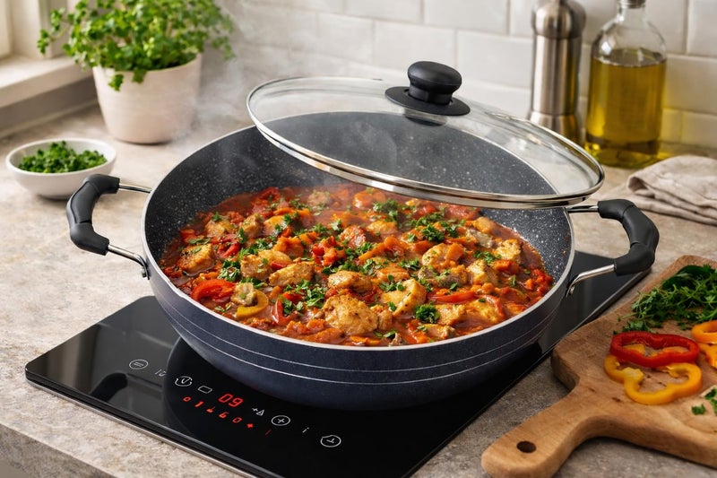 GD مقلاة جي & دي غير لاصقة مع غطاء زجاجي - مقلاة عميقة متعددة الاستخدامات غير لاصقة بسعة 2.2 لتر مع غطاء زجاجي للطهي على الغاز والطباخات الحثية من الألمنيوم - Image 4